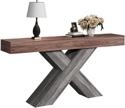 Consoletafel - X-vormige Poten en Onderplank - Houtlook Ontwerp - Spaanplaat - Houtkleur