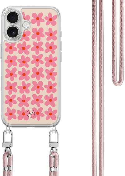 Hoesje met koord geschikt voor iPhone 16 - Retro blooms - Inclusief zwart koord - Crossbody beschermhoes - Transparant, Roze - Mooie Telefoonhoesjes