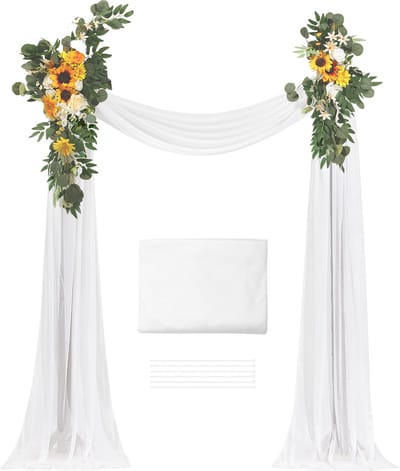 Kunstmatige Huwelijksboog Bloemenset – 3-Pack – met Gordijnen – 1 Stuk Transparante Gordijnen, 2 Stuks Bloemstukken, voor Ceremonies, Boeketten, Receptie Achtergronddecoratie, Geel
