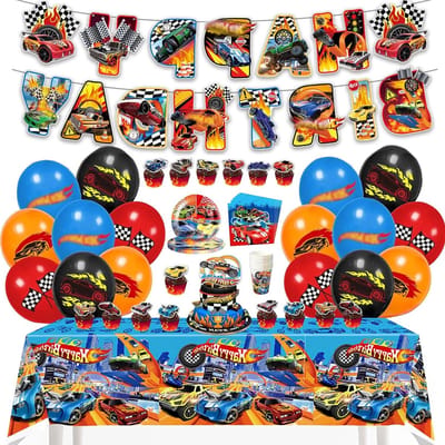 Verjaardagsdecoratie voor Jongens met Rennauto Thema, Compleet Feestset met Borden, Bekers, Tafelkleden en Servetten voor een Racing Party