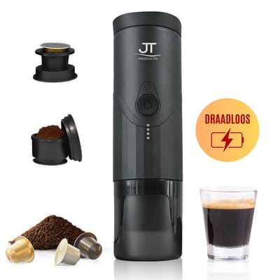 JT Products Draagbare 2 In 1 Espressomachine Zwart - Oplaadbaar - Capsules En Gemalen Koffie - Warmt Op - Koffiemaker - Nespresso - Draagbare Koffiemachine - Reis En Camping Koffiezetapparaat - Maatje