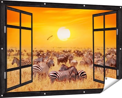 Gards Tuinposter Doorkijk Kudde Zebra's bij een Oranje Zonsondergang - 150x100 cm - Tuindoek - Tuindecoratie - Wanddecoratie buiten - Tuinschilderij