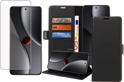 Book Case & Screenprotector geschikt voor Xiaomi 15 Ultra Hoesje Screenprotector - Gehard Glas Cover + Magnetische Sluiting - Portemonnee Rustic Zwart