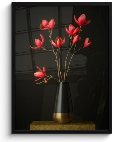 Poster in lijst - Fotolijst 50x70 cm - Posters - Rode - Bloemen - Vaas - Posterlijst zwart - Decoratie - Wanddecoratie woonkamer - Muurdecoratie slaapkamer