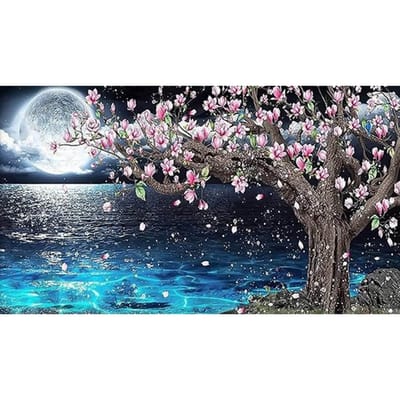 Rubye® Diamond Painting Volwassenen - Diamond Painting Kinderen - Diamond Painting Pakket Volledig - Volle Maan en Bloesem - 70x40cm