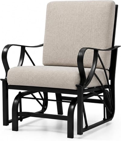 Patio Glider – Buitenstoel met afneembaar kussen – Stevig metalen frame, gebogen armleuningen – Schommelstoelen voor op de veranda, tuinmeubilair voor tuin, erf en gazon