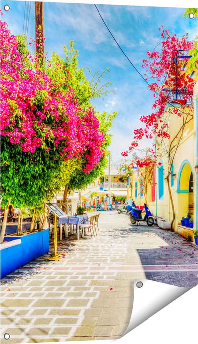 Gards Tuinposter Kleurrijke Straat op het Eiland Kos, Griekenland - 60x90 cm - Tuindoek - Tuindecoratie - Wanddecoratie buiten - Tuinschilderij