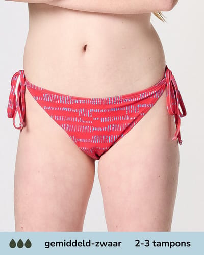 Moodies menstruatie zwemkleding tiener - Bikinibroekje touwtjes - gemidddeld-zwaar kruisje - maat 152/158 (XS) - Print Rood