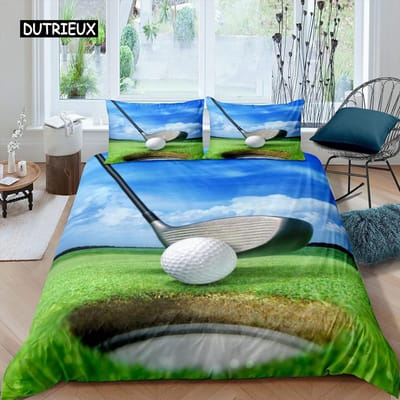 Golf Dekbedovertrek Set Golfclub Atleet Eenpersoons Beddengoed Set Microvezel Gras Blad Takken Sportspel Thema Dubbel King Dekbedovertrek 140x200cm 3pcs