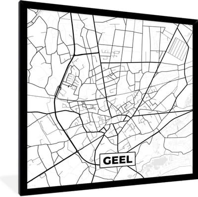 Fotolijst incl. Poster Zwart Wit- Plattegrond – Geel – Zwart Wit – Stadskaart - Kaart - België - 40x40 cm - Posterlijst