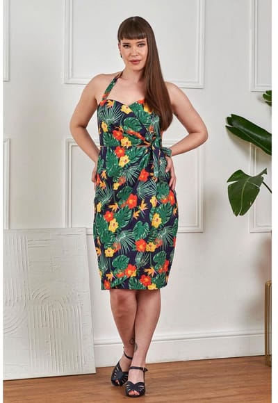 Banned - Evie Tropical Summer Sarong Kokerjurk - S - Donkerblauw