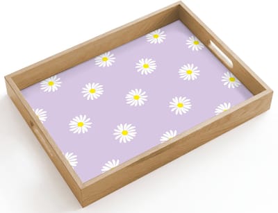 Dienblad hout 40x30 cm - Schootdienblad - Madeliefjes - Pastel - Wit - Paars - Bloemen - Borrelplank rechthoek - Plateau dienbladen