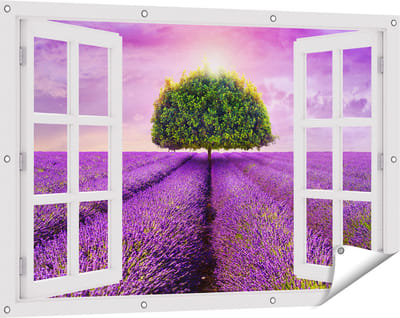 Gards Tuinposter Doorkijk Groene Boom in de Lavendel Bloemen - 120x80 cm - Tuindoek - Tuindecoratie - Wanddecoratie buiten - Tuinschilderij