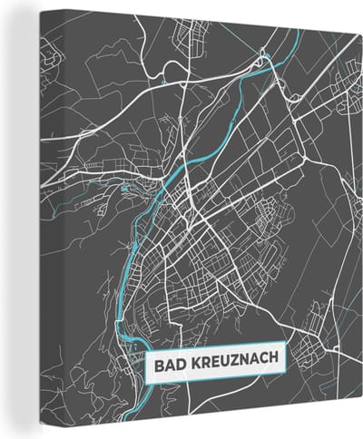 Canvas Schilderij Bad Kreuznach – Stadskaart – Blauw – Plattegrond – Stadskaart – Kaart - Duitsland - 20x20 cm - Wanddecoratie