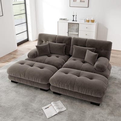 Komhtom Cloud-hoekbank voor de woonkamer, tweezitsbank van chenille met 2 rugkussens en 2 sierkussens, gestoffeerde bank met brede armleuningen en 2 chaise longues, bruine chenille