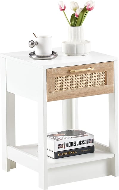 Wishdor - Nachtkastje - Met Lade En Rotanlook - Modern - Voor Slaapkamer Of Woonkamer - MDF - Naturel En Wit