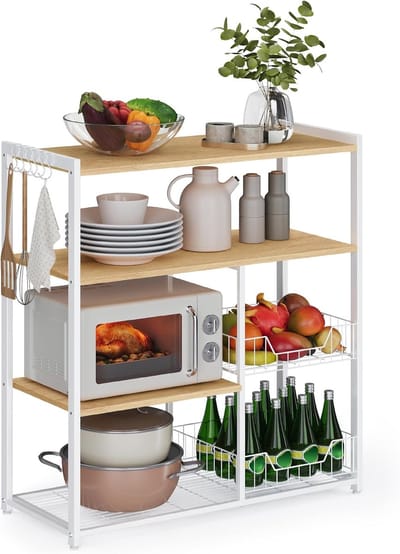 VASAGLE KKS096W09 Keukenrek met 2 metalen manden, bakkerijrek met haken en planken, magnetronrek, 35 x 80 x 95 cm, industrieel design, vintage, bruin