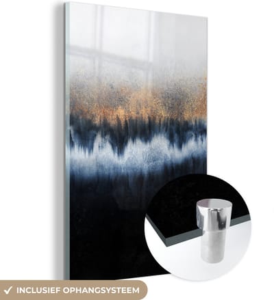 MuchoWow® Glasschilderij 100x150 cm - Schilderij acrylglas - Abstract - Goud - Luxe - Blauw - Foto op glas - Muurdecoratie woonkamer - Wanddecoratie slaapkamer - Schilderijen