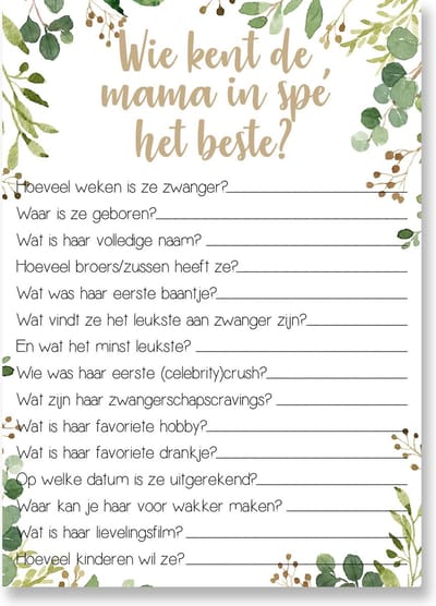 Babyshower invulkaarten – Wie kent de mama in spe het beste? - 20 stuks A6 formaat - Enkelzijdig - Babyshower cadeau