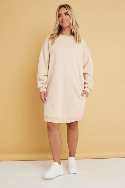Yours Sweatshirtjurk Van Katoenmix Met Lange Mouwen In Beige Size 44