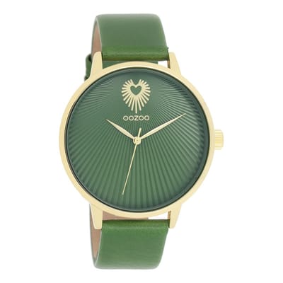 Goudkleurige OOZOO horloge met groene leren band - C11344