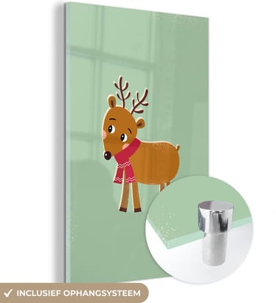MuchoWow® Glasschilderij 40x60 cm - Schilderij acrylglas - Rendier - Kerstmis - Winter - Kerst - Groen - Foto op glas - Schilderijen