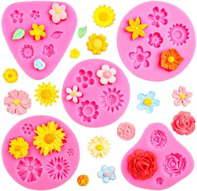 Muffin Bakvormpjes - Vormpjes - Bloem Siliconen Taartvorm - Chocolade - Suikerspin - Fondant - Fimo Gereedschap - 4 Maten - Roze - 5 Stuks