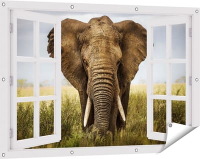 Gards Tuinposter Doorkijk Olifant in het Wild - Kleur - 120x80 cm - Tuindoek - Tuindecoratie - Wanddecoratie buiten - Tuinschilderij