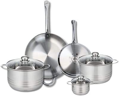 Set van 2 Koekenpannen 24 en 32 cm en 3 Kookpotten 12, 20 en 24 cm Elo Profi Brillant