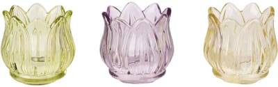 Dekoratief | Theelichthouder tulp, geel/groen/paars, glas, 7x7x8cm, set van 3 stuks | A260658