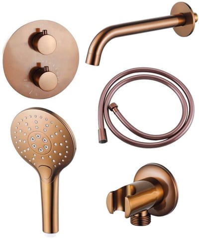 FugaFlow Eccelente Acces Badkraan set - uitloop - 22cm inkortbaar - rond bedieningspaneel - gladde slang - ronde handdouche - inbouwdeel - wandhouder - geborsteld koper PVD