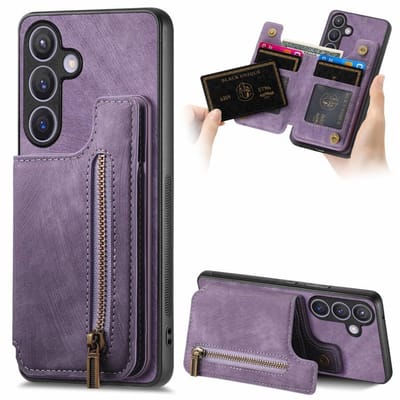 Silicone TPU en kunstleer kickstand retro paars back cover hoesje case met rits - pasjeshouder - telefoonhoesje geschikt voor de Samsung Galaxy A57 5G