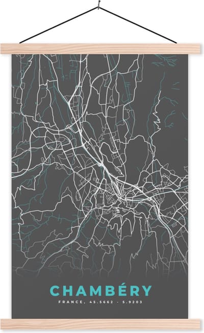 Posterhanger incl. Poster 40x60 cm - Schoolplaat - Chambéry - Plattegrond - Kaart - Stadskaart - Frankrijk - Textielposter - Blanke latten - Stadskaart