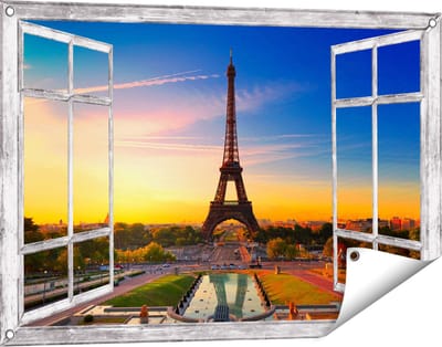 Gards Tuinposter Doorkijk Parijs Eiffeltoren tijdens de Zonsopkomst - 90x60 cm - Tuindoek - Tuindecoratie - Wanddecoratie buiten - Tuinschilderij