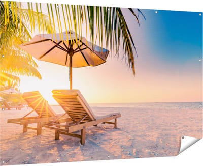 Gards Tuinposter Tropisch Strand tijdens Zonsondergang - 180x120 cm - Tuindoek - Tuindecoratie - Wanddecoratie buiten - Tuinschilderij