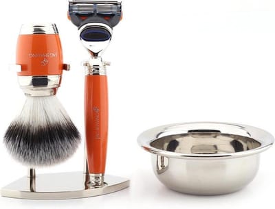 Handgemaakt scheermes met 5 randen, synthetisch scheerkwast met zilveren punt, roestvrijstalen standaard en kom Perfect Shaving Gift Set (scheerset)