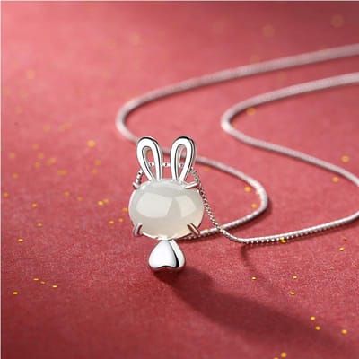 Origineel S925 Sterling Zilver Natuurlijke Hetian Jade Schattige Konijn Hanger Lichte Luxe Senior Ketting Vrouwelijke Sleutelbeenketting pink