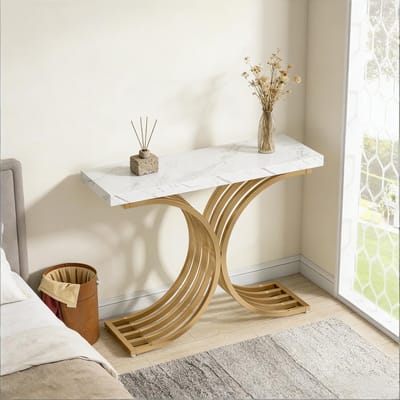 HAUSS SPOLE Consoletafel - Marmerlook Tafelblad Met Gouden Metalen Frame - Voor Hal En Woonkamer - Wit Goud - 100x30x80 Cm