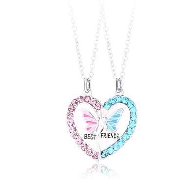 Bixorp Friends BFF Ketting voor 2 met Vlinder Hartje - Zilverkleurig - Roze & Blauw - Magnetische Vriendschapsketting - Twee Helften Best Friends - Vriendschap Cadeau voor Twee
