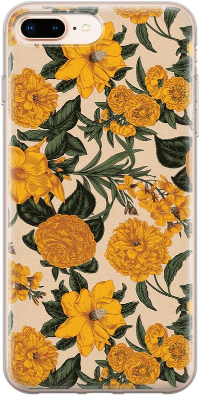 Leuke Telefoonhoesjes - Hoesje geschikt voor iPhone 8 Plus - Retro flowers - Soft case - TPU - Bloemen - Geel