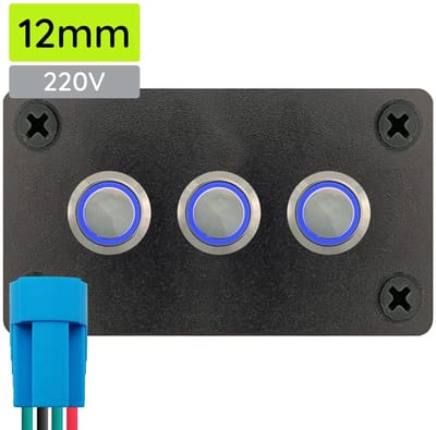 ProRide Metalen Drukschakelaars ON-OFF 220V - 12mm - Drievoudig inbouwpaneel - IP67 - LED indicatie Blauw