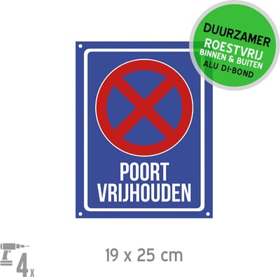 Pictogram/ bord Dibond + boorgaten | "Poort vrijhouden" | 19 x 25 cm | Garage | Roestvrij | Blauw | Hier niet parkeren | Doorgang | 1 stuk