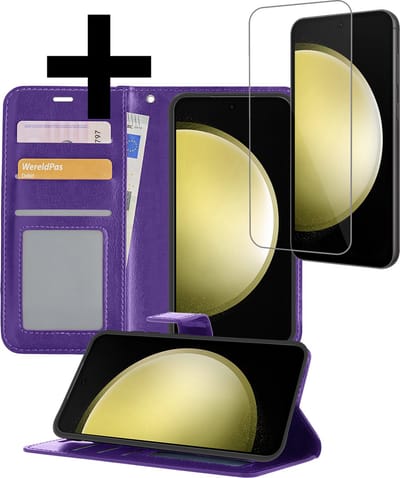 Hoesje - Met Screenprotector - Geschikt voor Samsung Galaxy S23 FE - Luxe Pasjeshouder - Bookcase Portemonee - Flip Case - Kunstleer Book Case - Flipcase - Book Cover - Walletcase - Portemonneehoes - Telefoonhoesjes - Paars