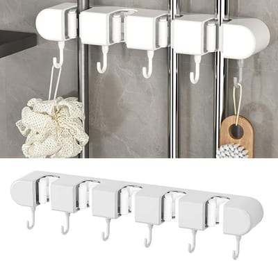 Dailygoods- Bezemhouder met 5 houders - Zelfklevend - 6 haken - Verstelbaar - Antislip - Ruimtebesparend ontwerp - Gereedschapshouder