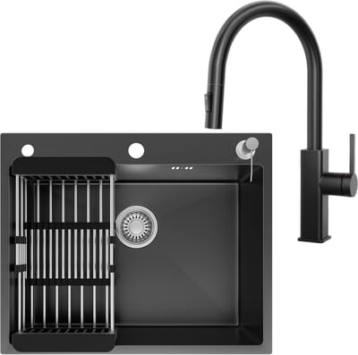 CECIPA max Spoelbak Keuken 60x49CM Antraciet - Spoelbak Keuken Met Uittrekbare Uitloop Keukenkraan - Enkele spoelbak met Afdruiprek en Zeepdispenser - Incl. Sifon en Afvoerzeefje