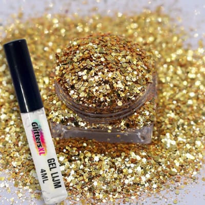 Festival Chunky Glitters Goud 8g + Glitter Huid Lijm 4ML - Biologisch Afbreekbaar - Glitter voor Lichaam en Gezicht - Face & Body Make-up Jewels - Glitter Tattoo Set - Glitter Tattoo Set - Carnaval Accessoires - Carnaval Glitters Gezicht