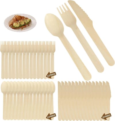 Verpakkingen van 300 Stuks Houten Bestek - Mes, Vork en Lepel | Composteerbaar Bestek voor Barbecues, Picknicks en Feesten