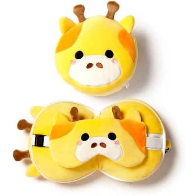 Relaxeazzz Relaxeazzz Reis set - Giraffe knuffel / reiskussen / slaapmasker - voor kinderen - in vliegtuig of auto