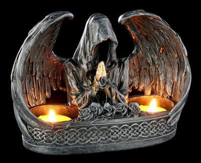 Griezelige Theelichthouder Grim Reaper voor 2 Kaarsen - Gotische Dood met Vleugels - Fantasy Decoratie