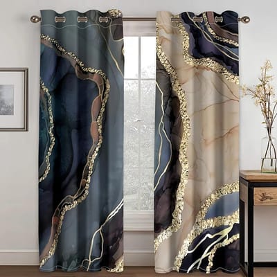 3D Modern Zwart Goud Abstracte Kunst Marmer Elegant Design 2 Stuks Dunne Schaduw Gordijn voor Woonkamer Slaapkamer Decor W60H60(CM)x2pcs&Grommet Top gray